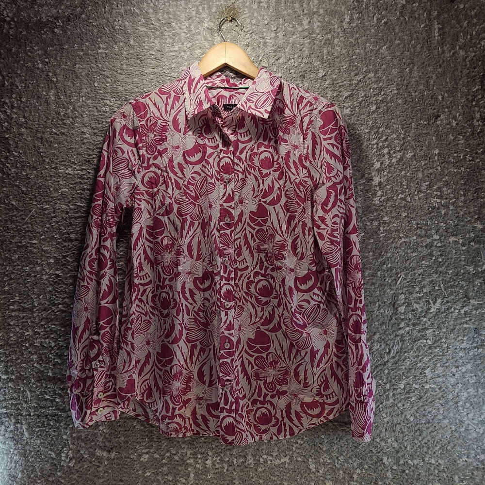 Talbots Small Coastal Lightweight Button Up Shirt Long Sleeve Floral Pink White‎
